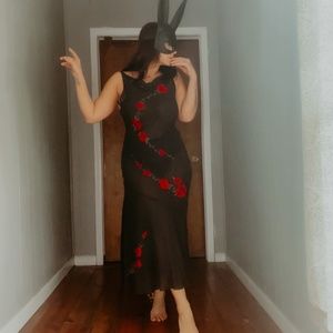 Victoria's Secret y2k 100% Black Sheer Silk Red Velvet Roses Flounce Hem Gown S
